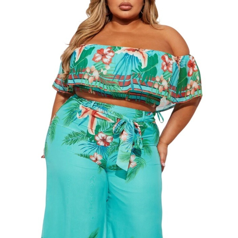 Fashion Nova Women's‎ Turquoise Just A Tropical Night Flowy Pants Size 2X - Picture 3 of 7